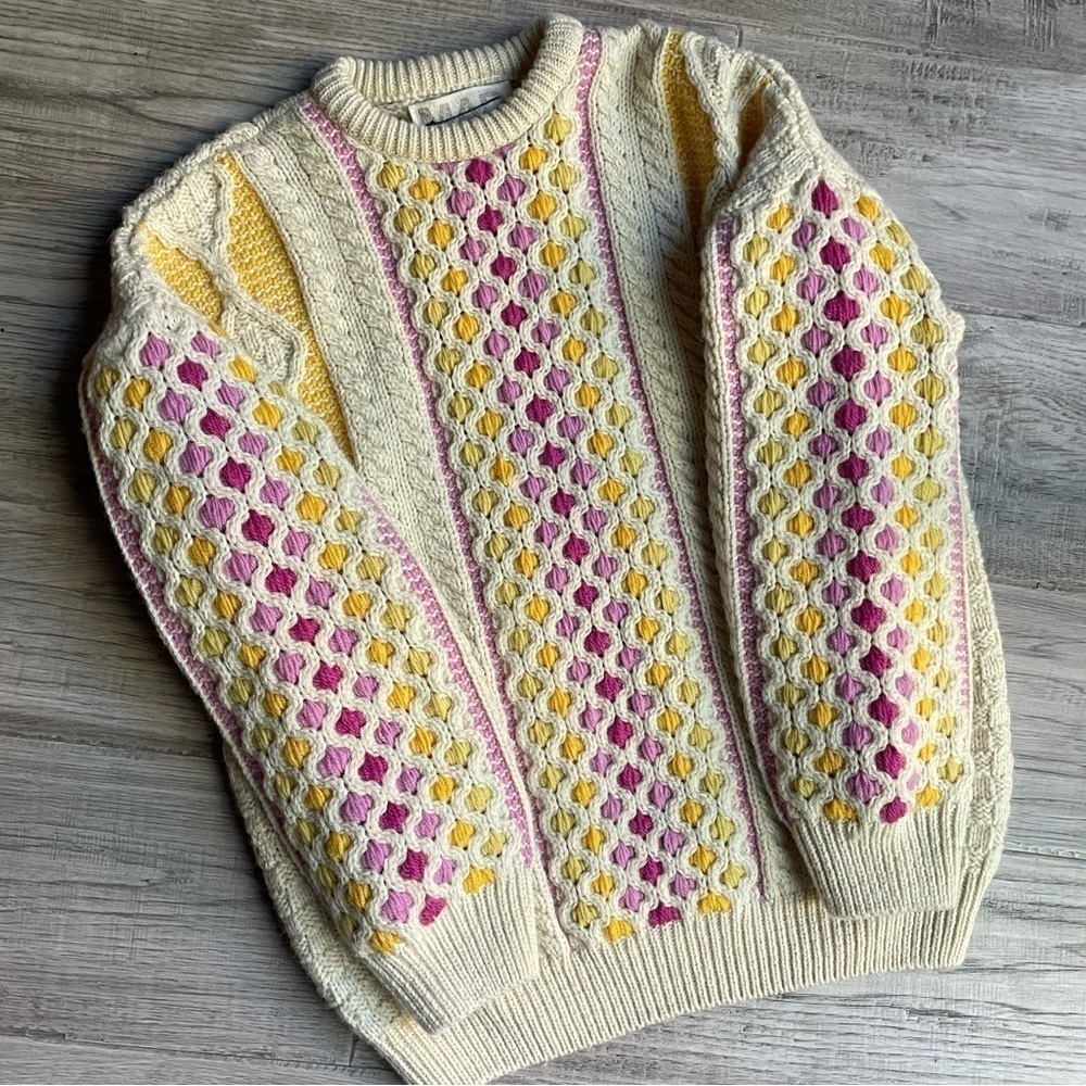 Free People X Mad Brown Knitwear Recycled Sweater/Jumper Cream/Pink/Yellow SZ OS - Picture 8 of 15